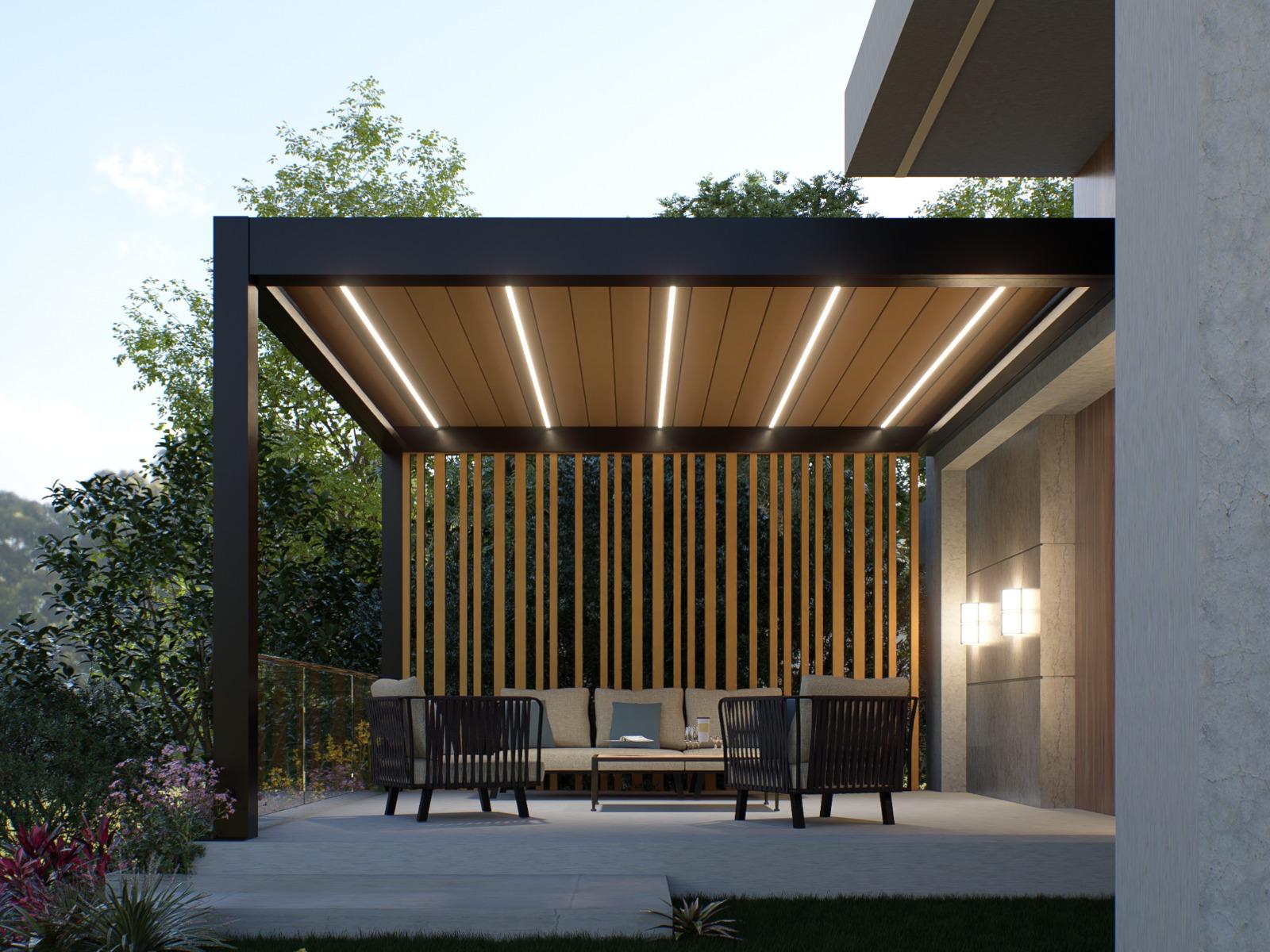 Pergola bioclimatique anthracite éclairée à la tombée du jour