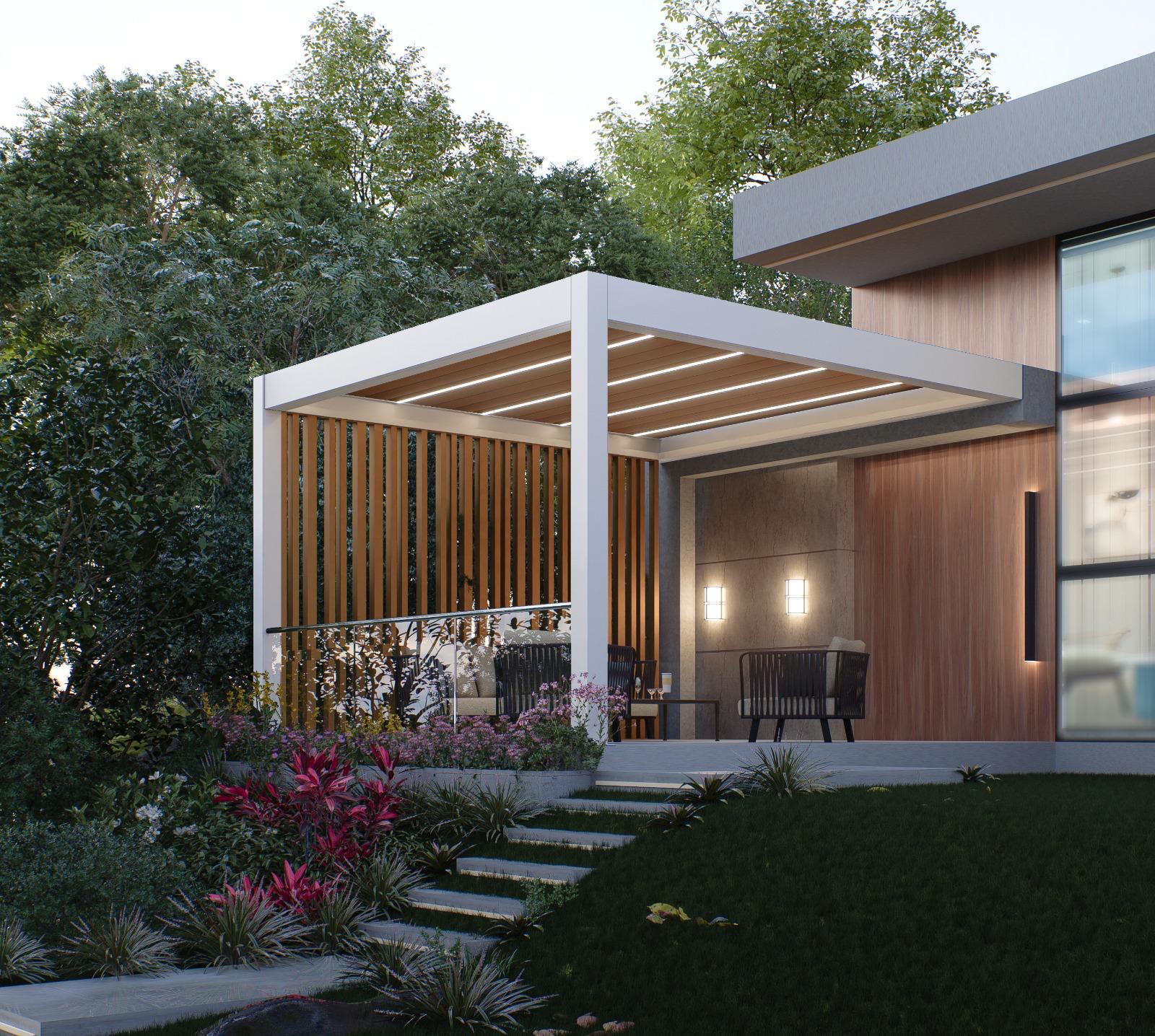Pergola d'angle avec parois lattées